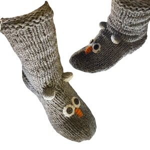 Silly‎ Yeti Imports Handmade Wool Owl Slipper Socks Fleece Lined Grey FPS6 Nepal